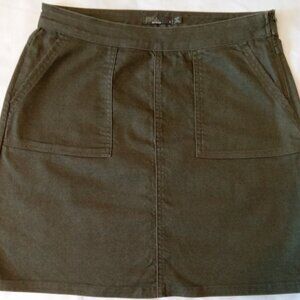 Women's prAna mini skirt, olive green, size 4.